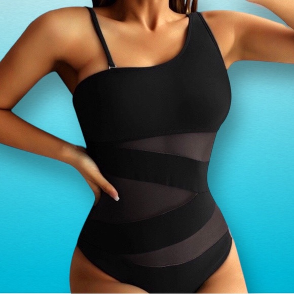 Black Mesh Zigzag Wide Thin Straps One Piece Tank Swimsuit SIZE M - Picture 2 of 7